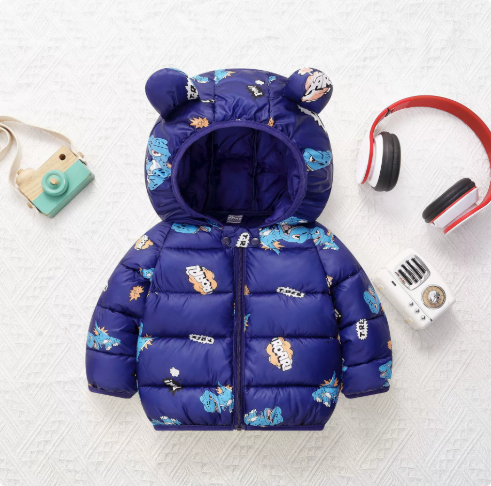 Dark blue quilted puffer jacket with colorful cartoon prints and a bear-ear hood