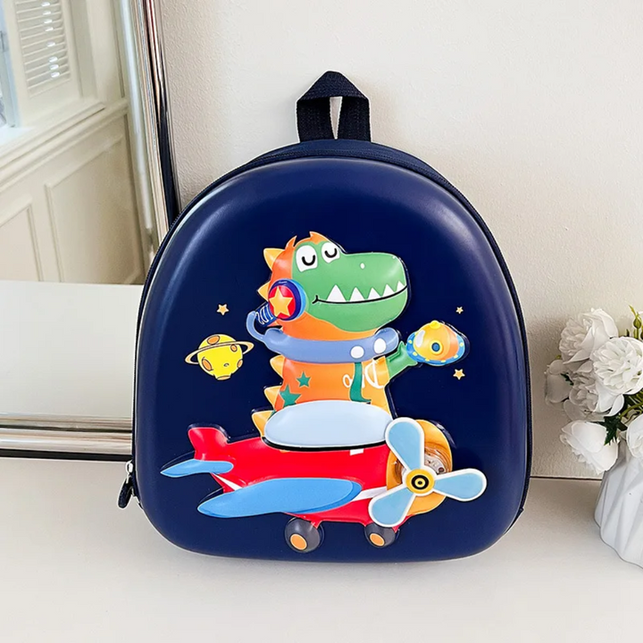 Dark blue dinosaur backpack with a cartoon dinosaur and airplane design