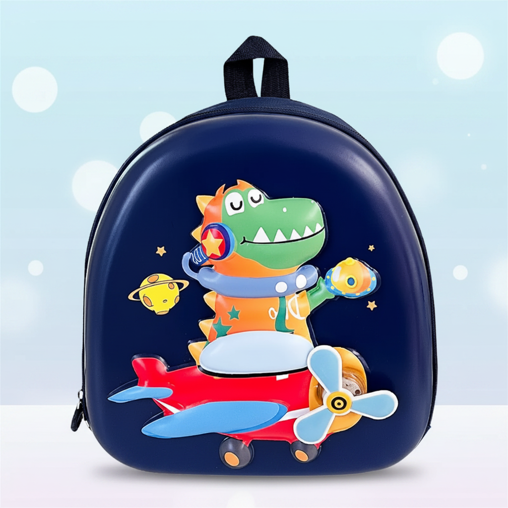 Dark blue dinosaur backpack with a red airplane and three-blade propeller