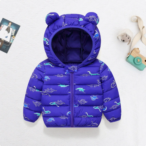 Dark blue dinosaur-print quilted jacket with a matching zipper and rounded hood ears