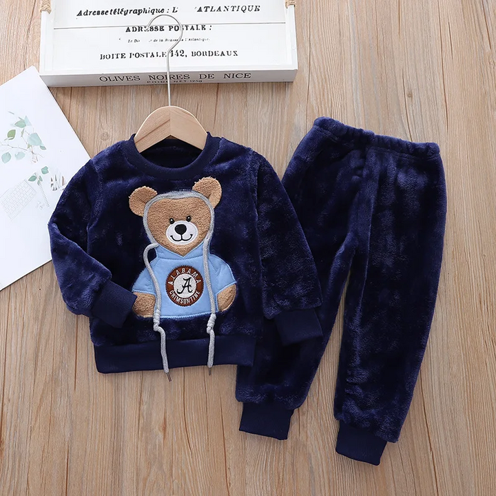 Dark blue bear sweatshirt and matching pants with ribbed trim