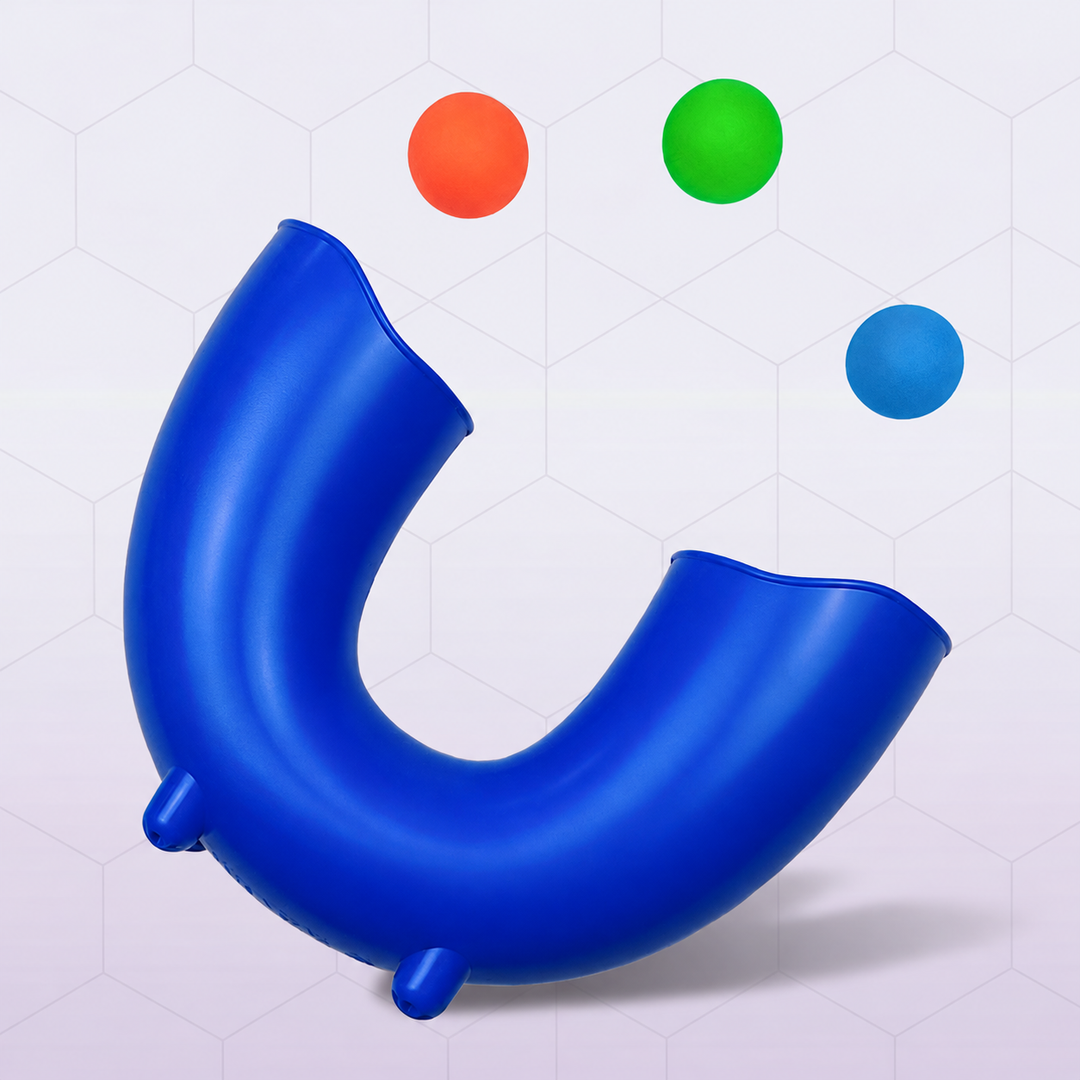 Dark blue U-shaped ball skills tube shown with orange, green, and blue balls