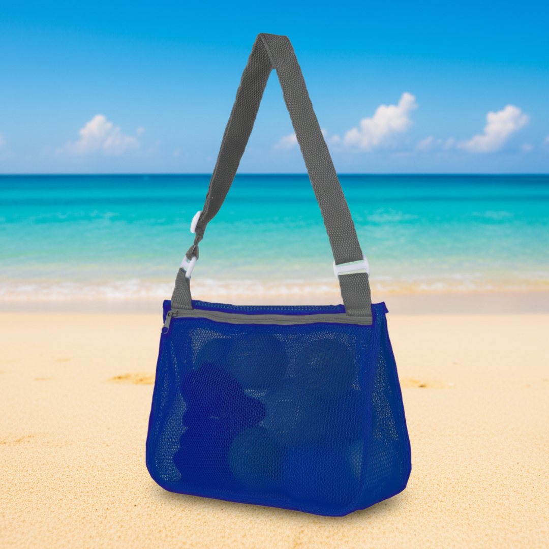 Dark blue mesh beach bag with a gray adjustable shoulder strap