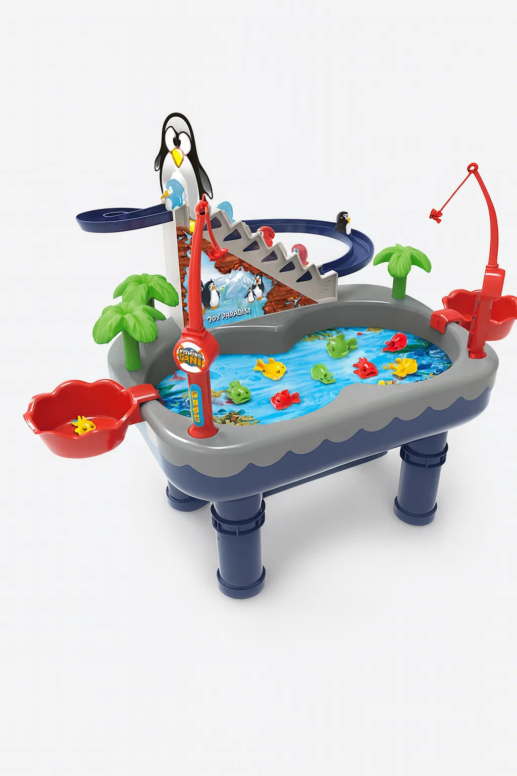 Dark blue penguin fishing playset with red fishing rods and side bowls