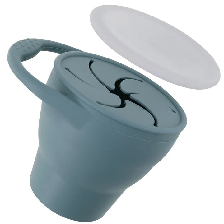 Dark blue collapsible snack cup with a carry handle and lifted cover