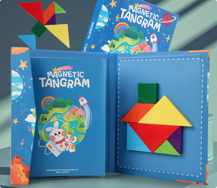 Open dark blue space-themed tangram booklet with geometric pieces arranged as a house