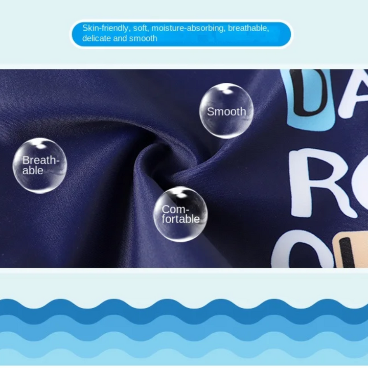 Close-up of dark blue printed swimwear fabric with texture and comfort callouts.