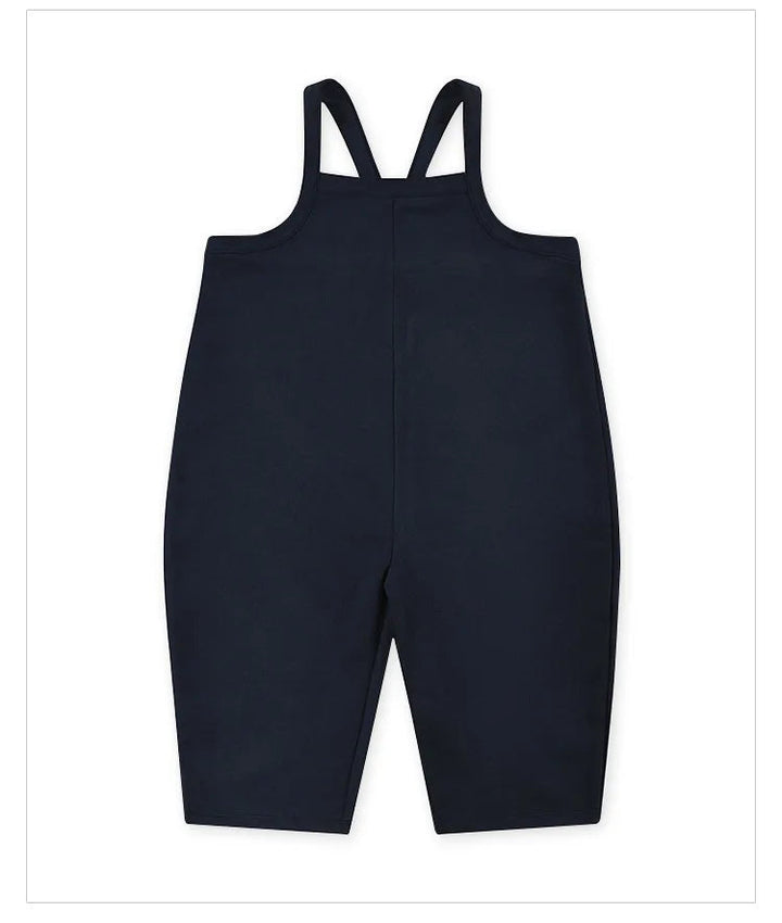 Dark blue Type A baby overalls with a plain front and shoulder straps