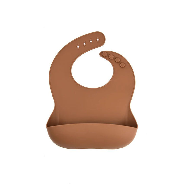 Dark brown silicone bib with a curved food pocket and neck adjustment holes.