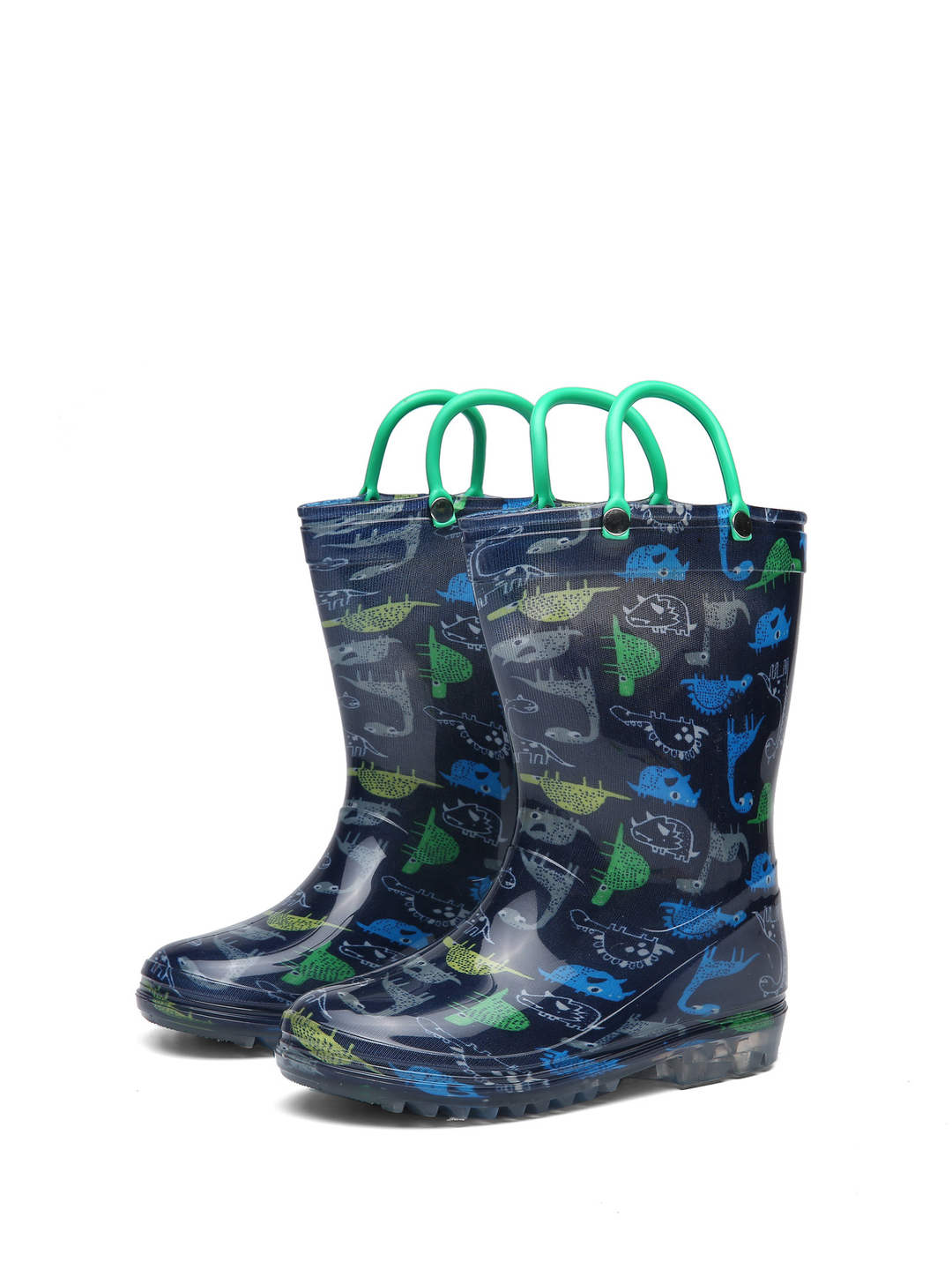 Pair of dark dinosaur-print rain boots with green pull-on loops