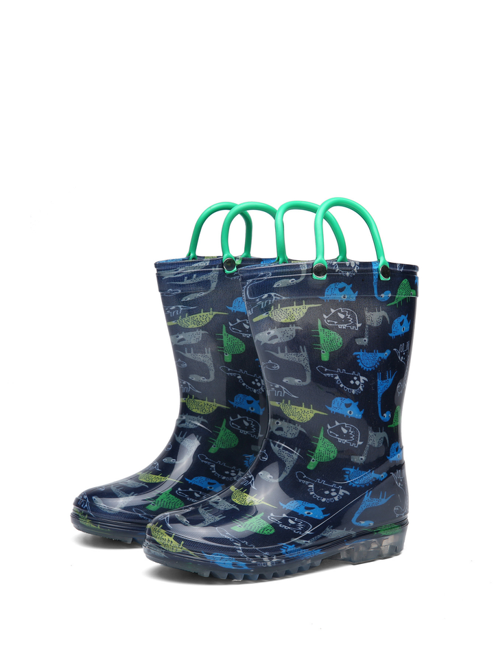 Pair of dark dinosaur-print rain boots with green pull-on loops