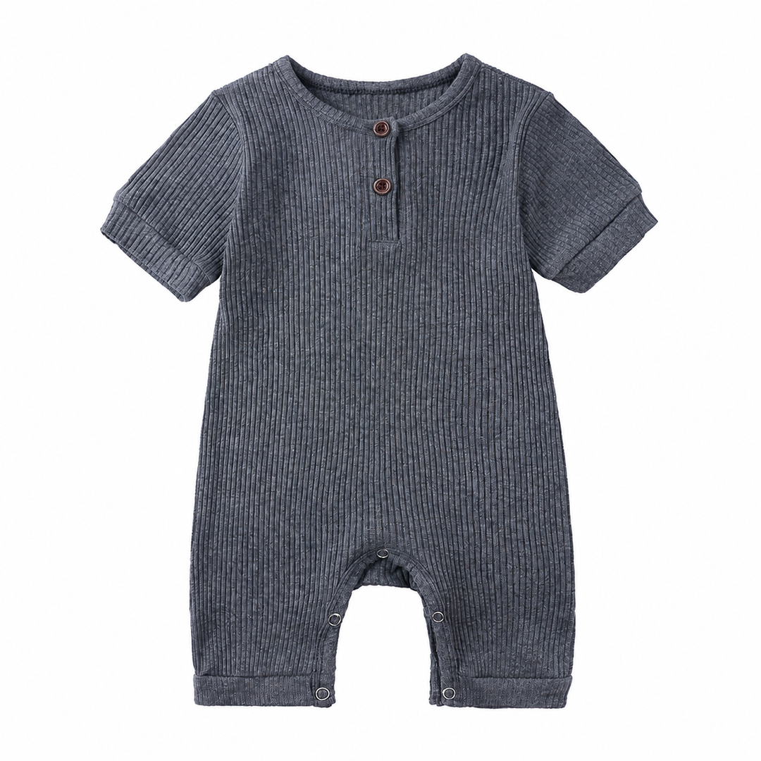 Dark gray ribbed baby romper shown from the front with a two-button neckline