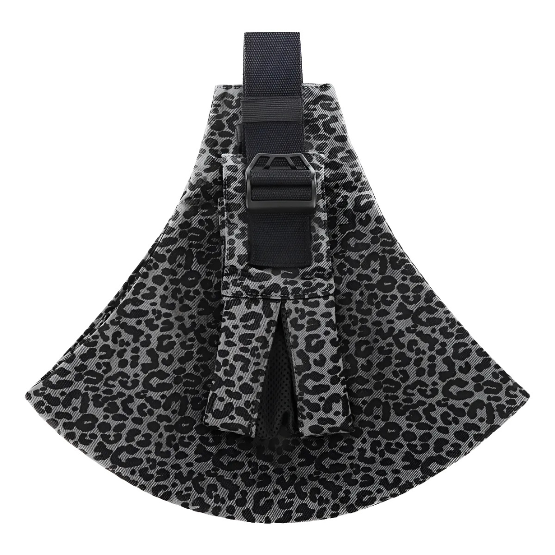 Dark gray leopard-print hip carrier with a black adjustable strap