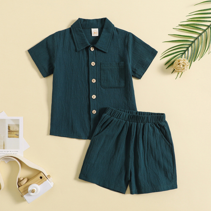 Dark green short-sleeve shirt and matching elastic-waist shorts