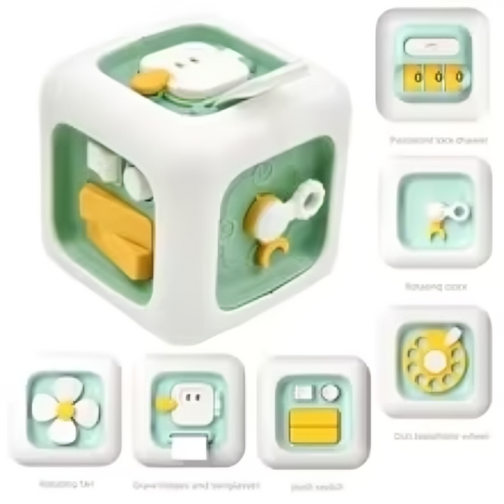Dark green cube activity chart showing number rollers, a turning key, flower spinner, and sliding panel