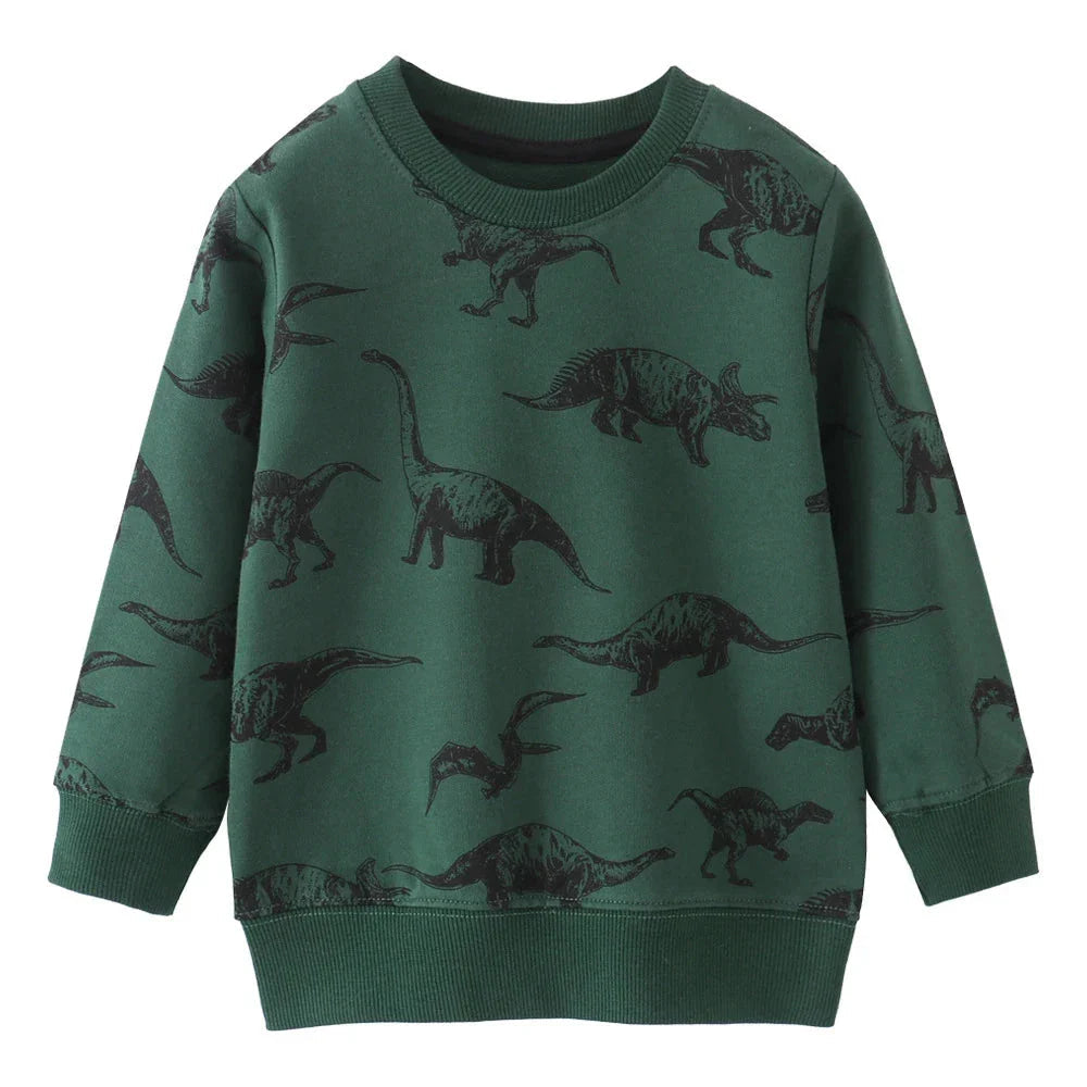 Dark green sweatshirt with black allover dinosaur silhouettes