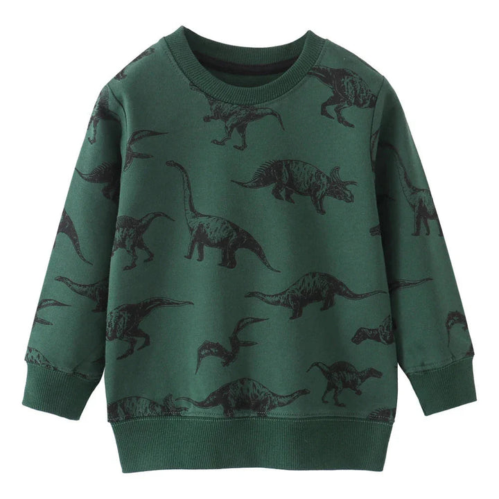 Dark green sweatshirt with black allover dinosaur silhouettes