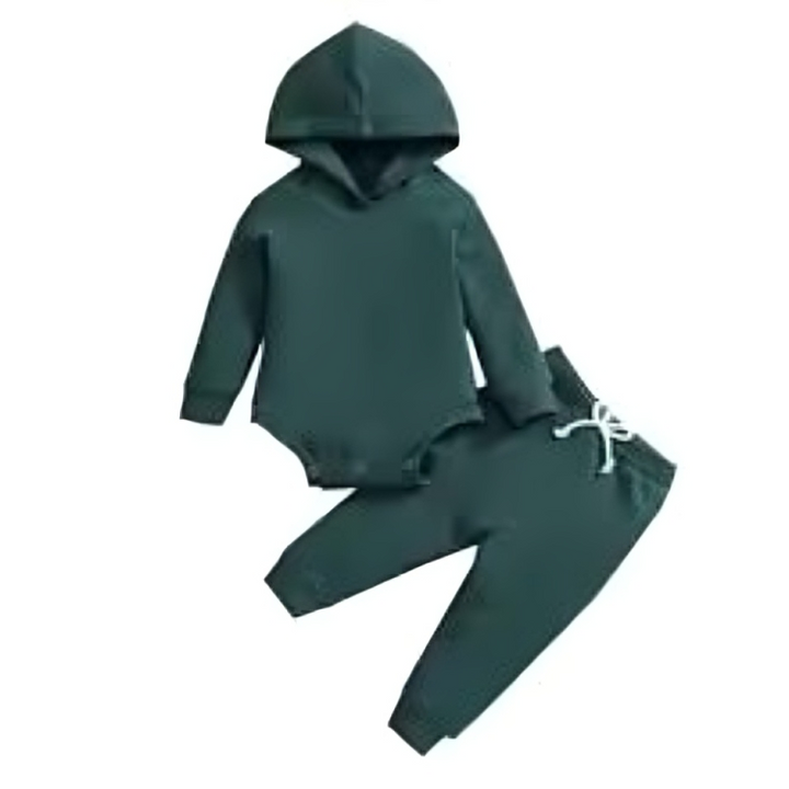 Dark green baby outfit with a hooded long-sleeve bodysuit and matching pants