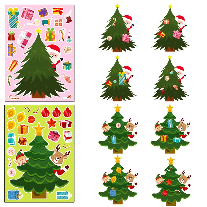 Two Christmas sticker sheets with dark green trees and assorted decoration arrangements