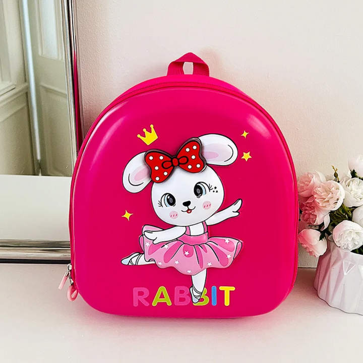 Dark pink rabbit backpack with a red bow and dancing rabbit design