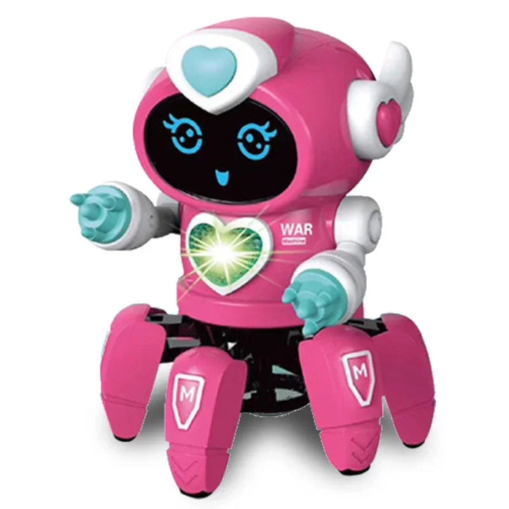 Dark pink toy robot with a heart-shaped chest light and turquoise hands