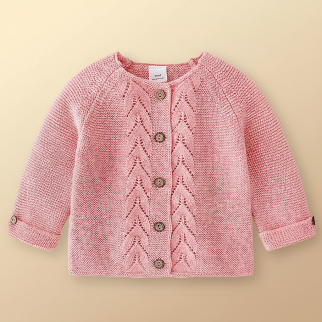 Dark pink baby cardigan with leaf-pattern knit panels and a button front