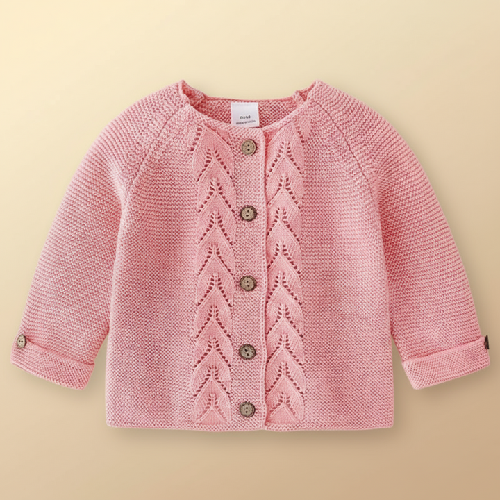 Dark pink baby cardigan with leaf-pattern knit panels and a button front