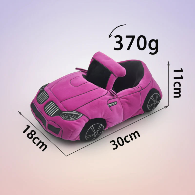 Dark pink car slipper with graphic labels showing 30 x 18 x 11 cm and 370 g
