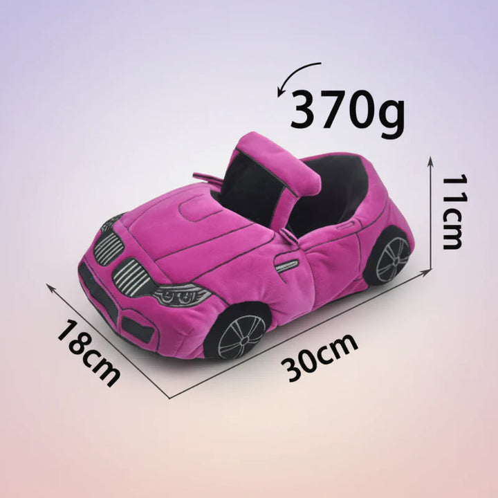 Dark pink car slipper with graphic labels showing 30 x 18 x 11 cm and 370 g