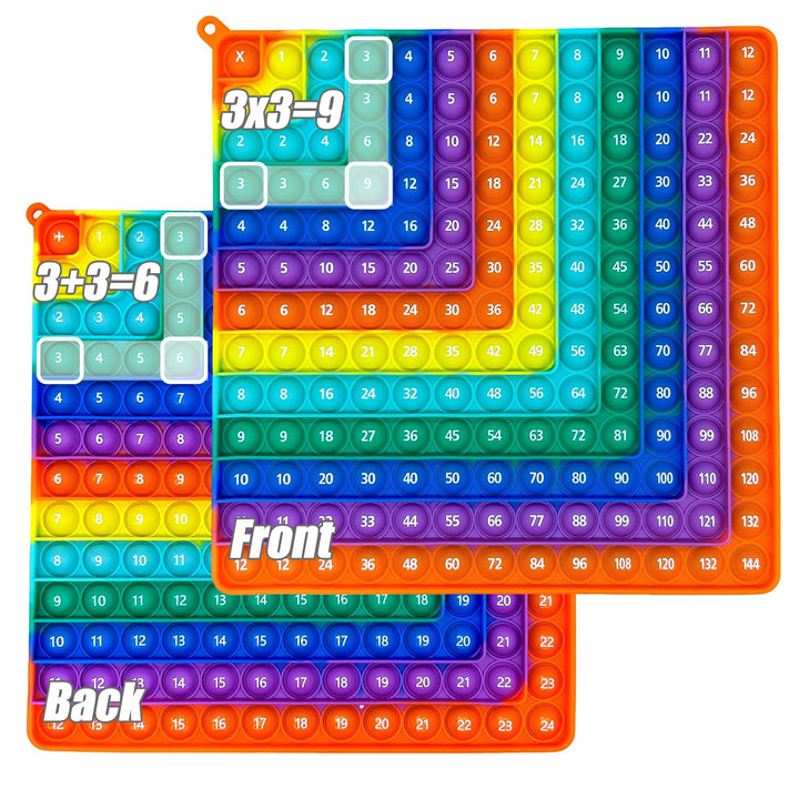 Dark rainbow math fidget board with numbered bubbles for multiplication and addition