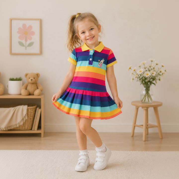 Child wearing a dark rainbow-striped polo dress with a yellow collar