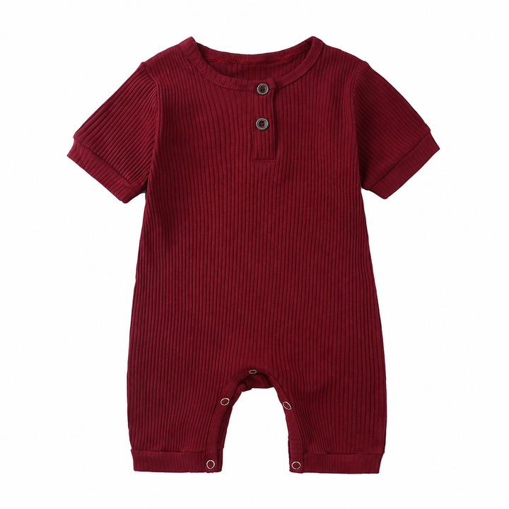 Dark red ribbed baby romper with neckline buttons and snap leg openings