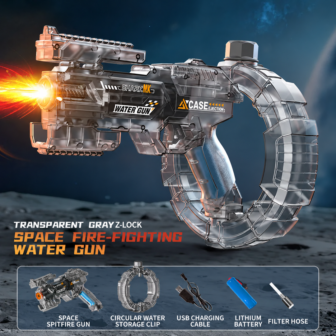 Dark transparent water gun with a circular reservoir and included accessories