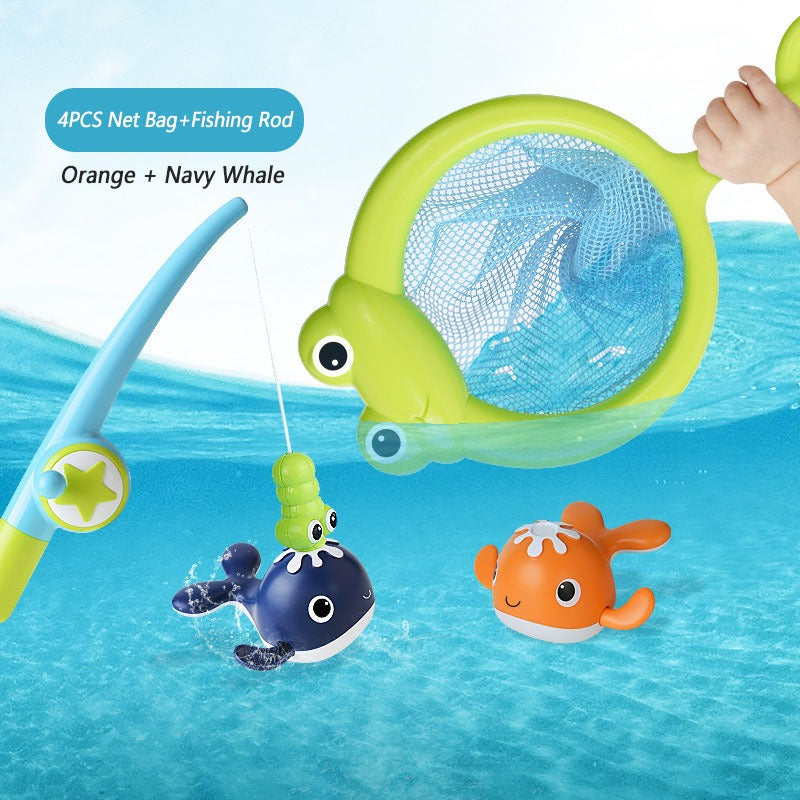 Four-piece dark-color bath fishing set with orange and navy whales, a fishing rod and a frog-shaped net.