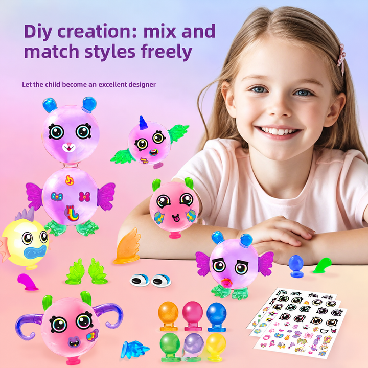 Child with decorated balloon characters, colorful craft parts, and facial-feature stickers