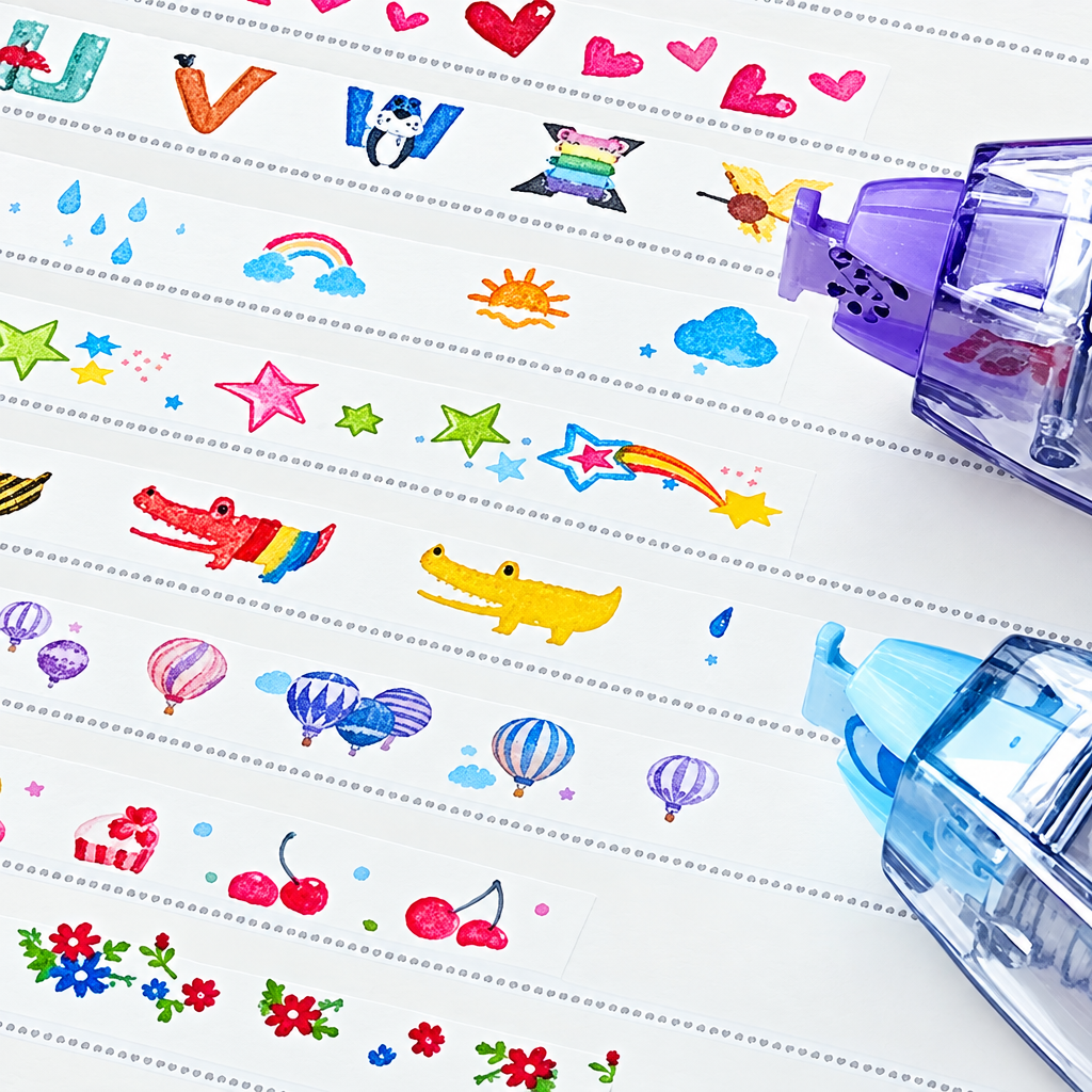 Close-up of notebook patterns with hearts, letters, weather icons, stars, balloons and flowers.