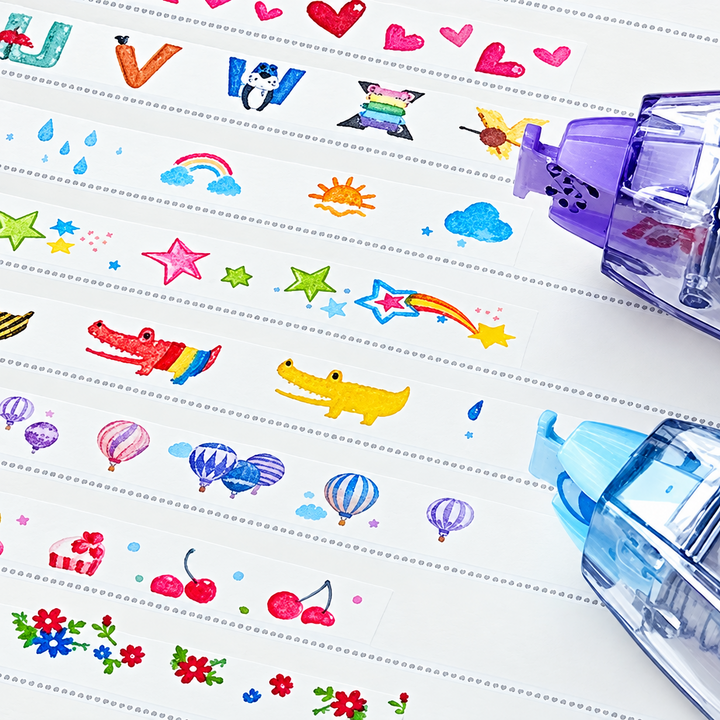 Close-up of notebook patterns with hearts, letters, weather icons, stars, balloons and flowers.