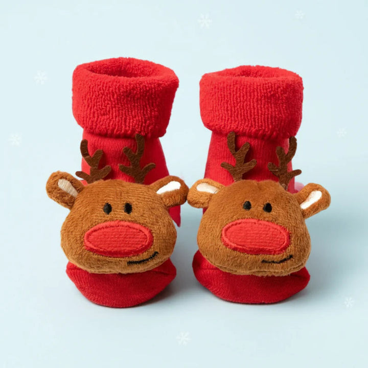 Red socks with plush deer faces, antlers and thick folded cuffs