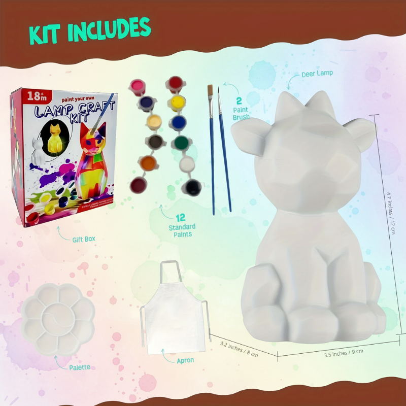 Deer lamp kit contents with an unpainted lamp, 12 paints, two brushes, a palette, an apron, and measurements.