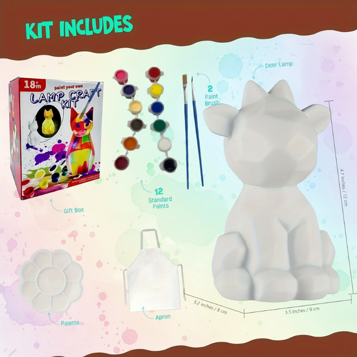 Deer lamp kit contents with an unpainted lamp, 12 paints, two brushes, a palette, an apron, and measurements.