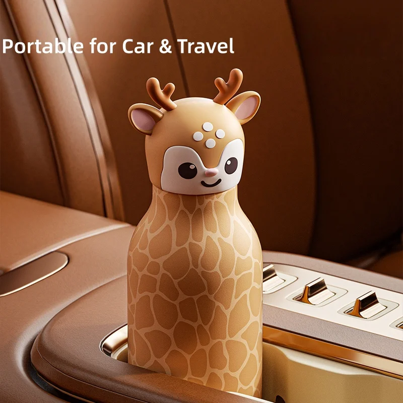 Deer thermos bottle standing on a car center console
