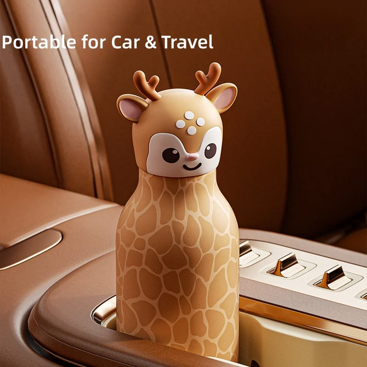 Deer thermos bottle standing on a car center console