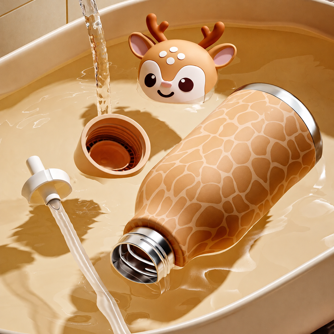 Deer thermos bottle, animal cap, and straw attachment in a sink