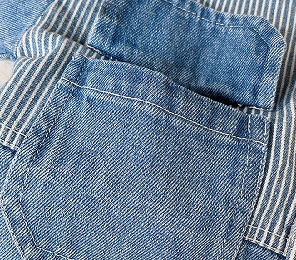 Close-up of a blue denim patch pocket with a flap and contrast stitching.