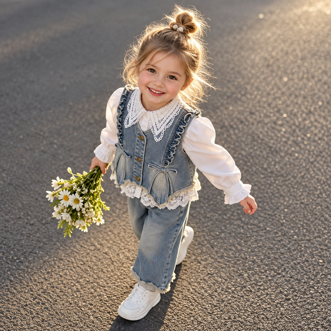 Child carrying flowers while wearing the three-piece blue denim and white lace outfit