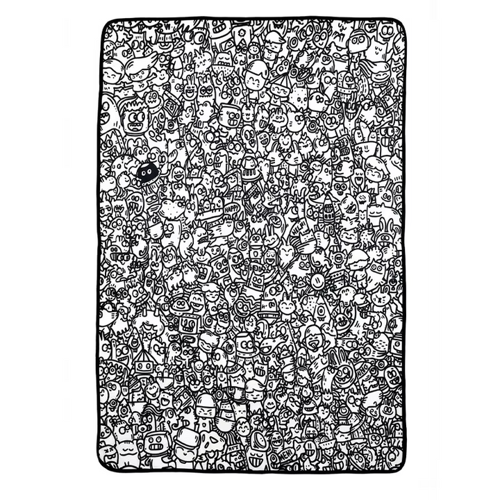 Doodle-design coloring mat filled with small black-and-white characters
