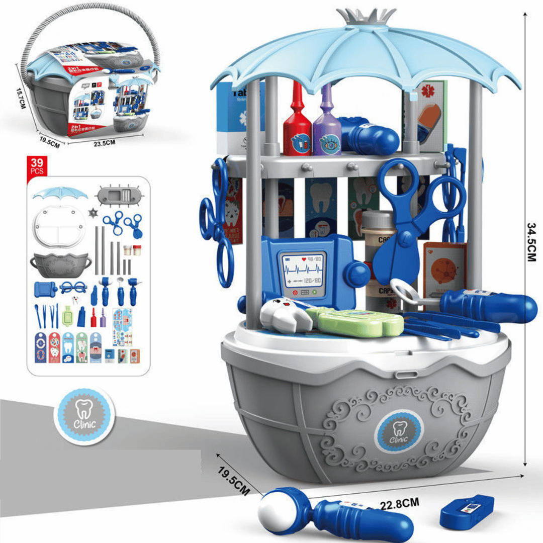 Gray and blue dentist play station without a trolley, with pretend dental tools