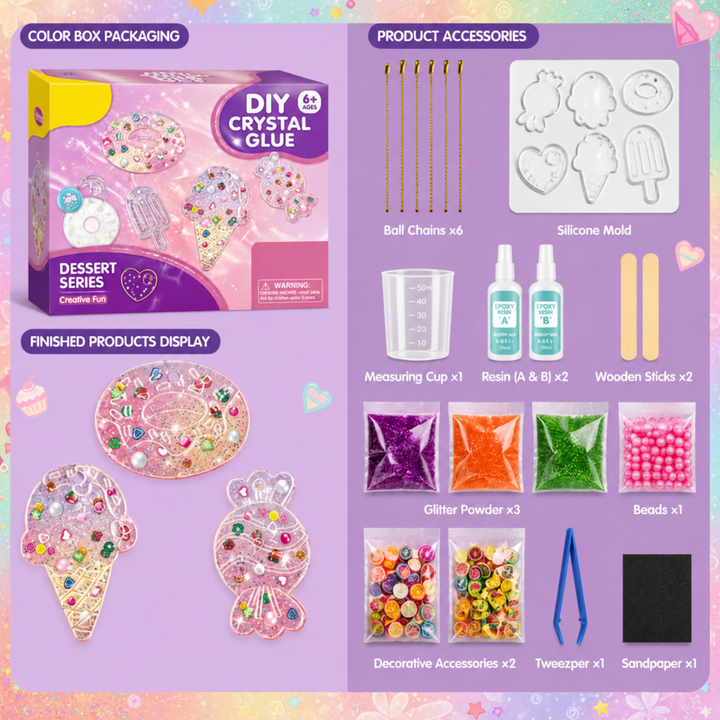 Dessert-themed resin kit with ice cream and round shaker charms, a silicone mold, resin bottles, and glitter