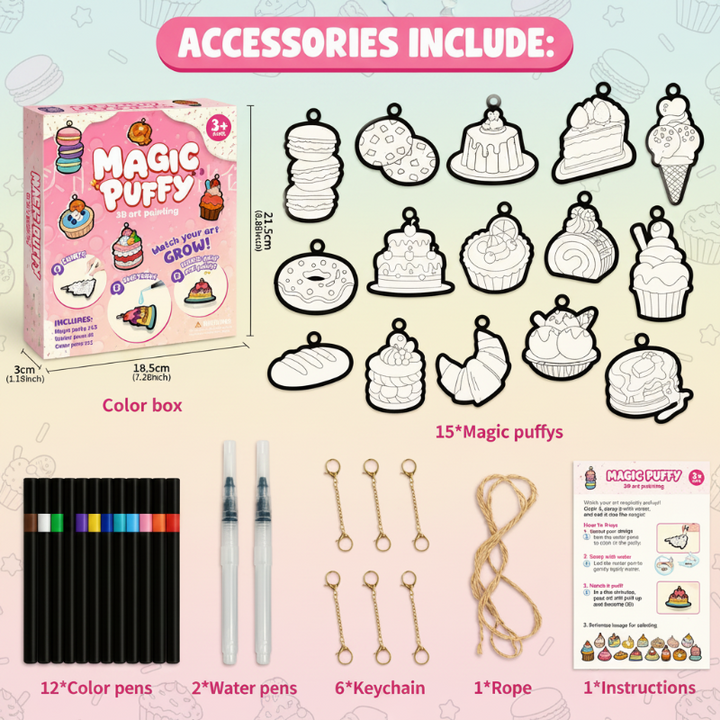 Dessert craft kit with cake and ice cream patterns, markers, water pens, clips, and string