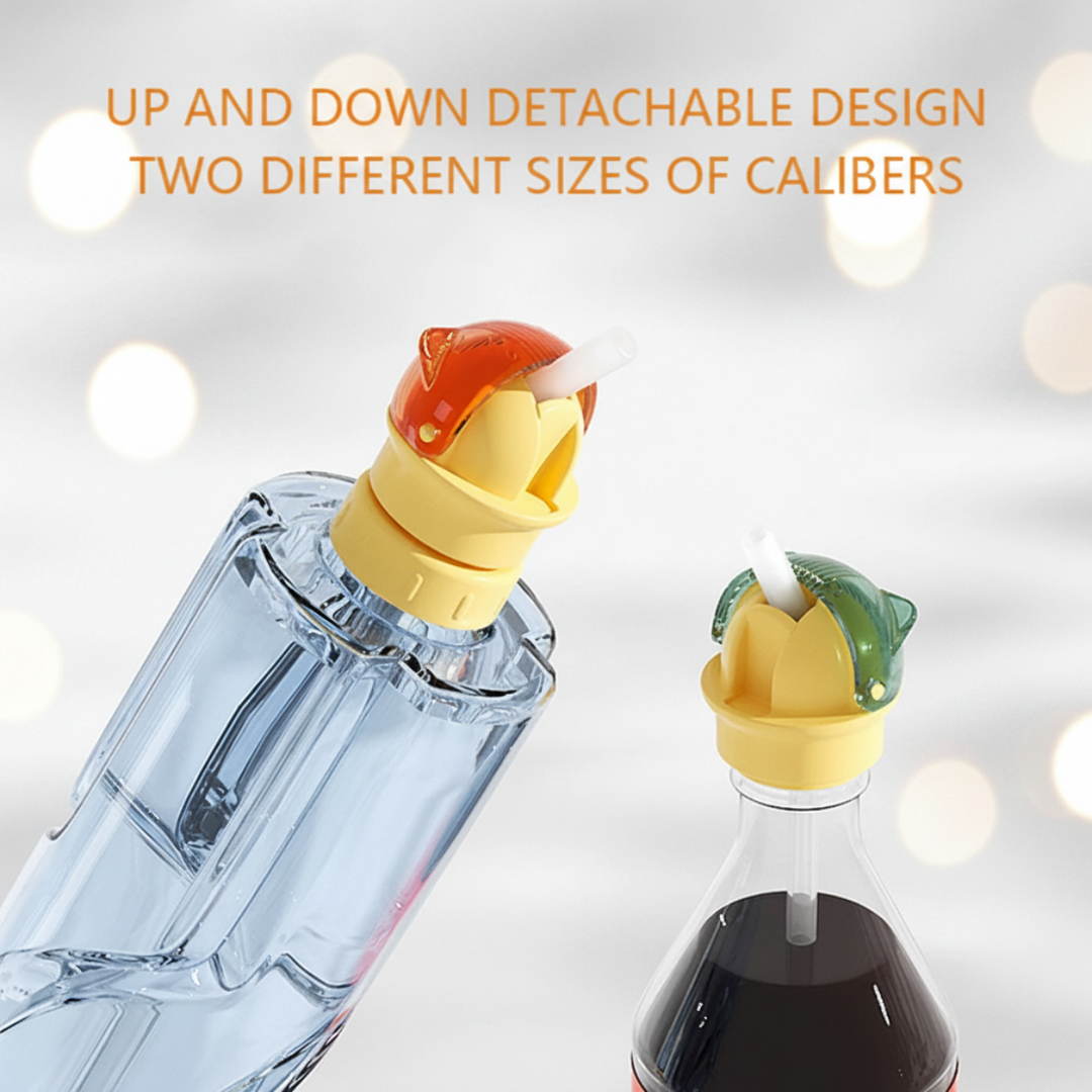 Detachable two-size cap design shown on a water bottle and a beverage bottle.